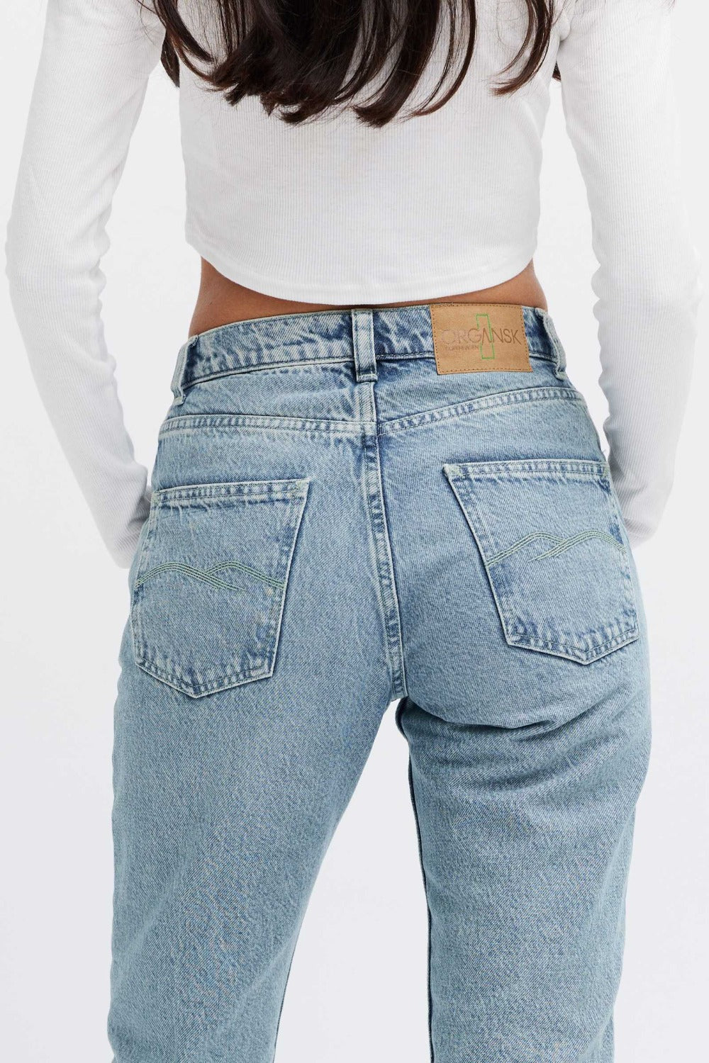 Organic Aqua Jeans - Green back pocket embroidery