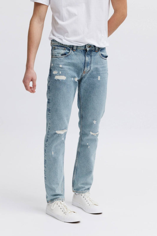 distressed denim jeans, organic and vegan