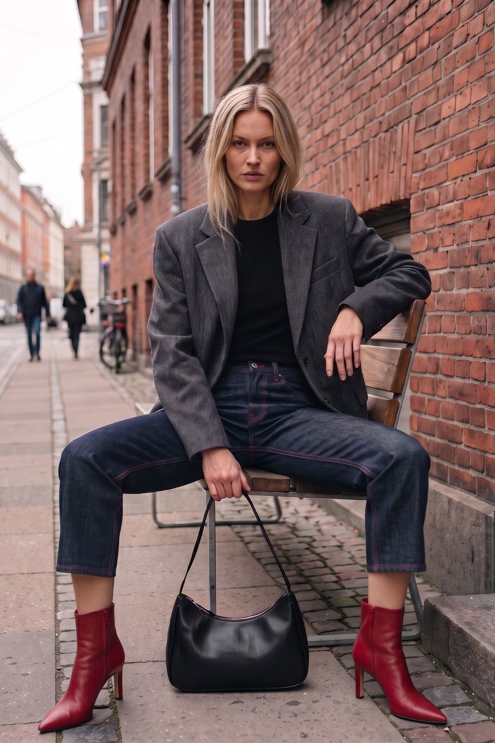 A woman sits on a bench in an outdoor urban setting, wearing an oversized dark gray blazer, black top, dark blue jeans, and red pointed-toe ankle boots, with a black handbag resting in front of her.