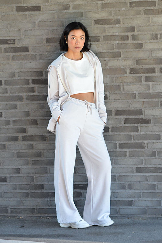 organic cotton white hoodie and wide leg travel set