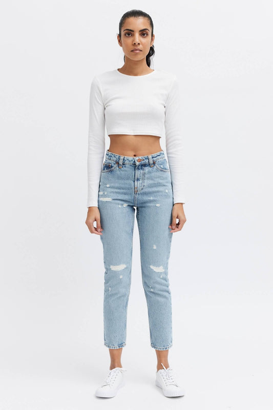 cropped washed organic denim jeans. Cropped pants