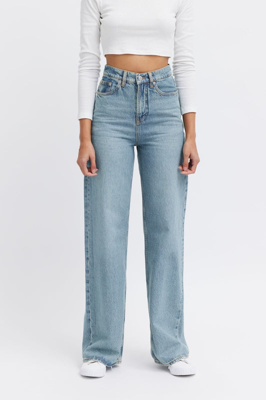 ethical wide leg jeans. Wave ocean blue