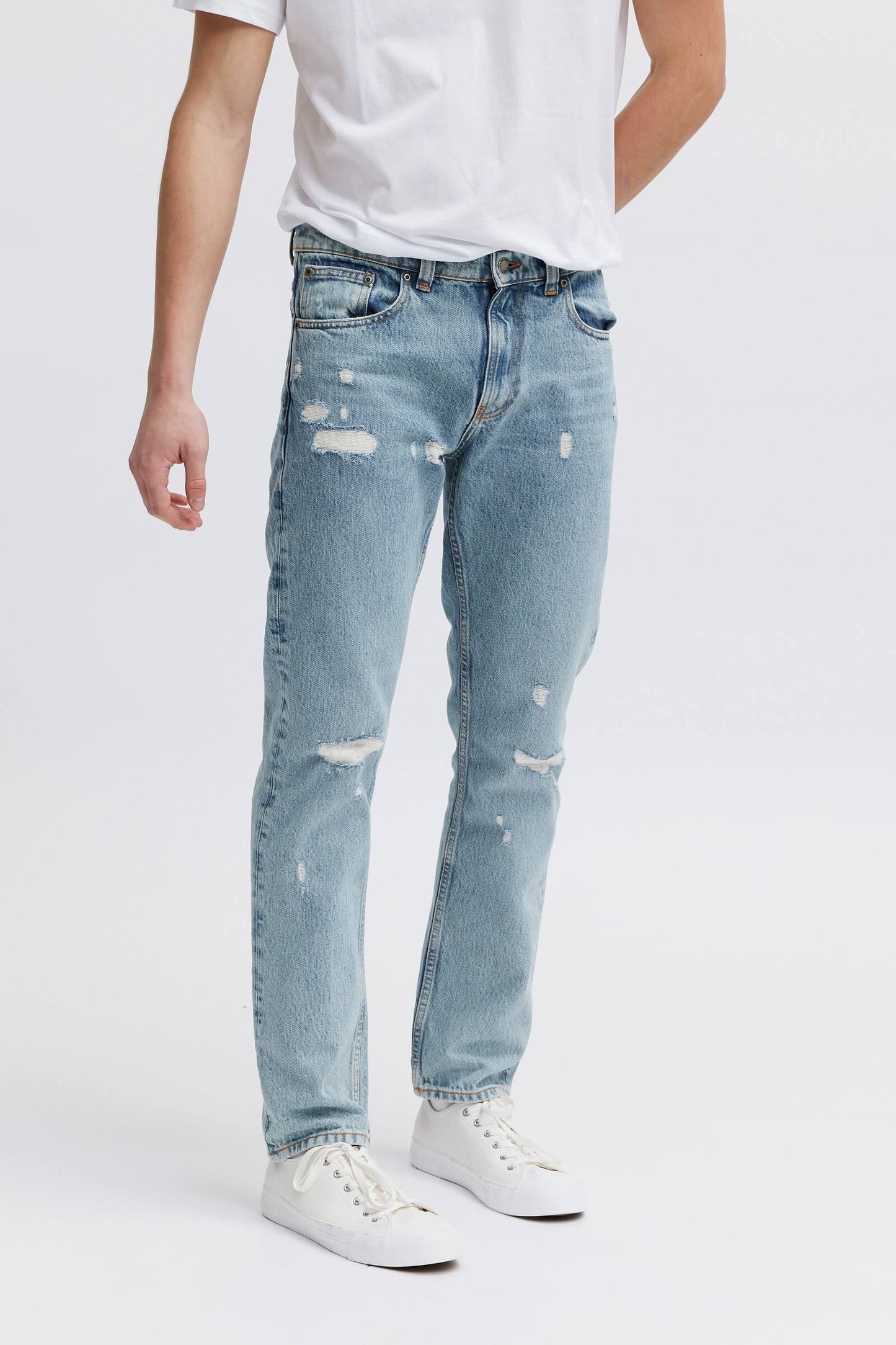 distressed denim jeans, organic and vegan