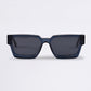 Sunglasses with a blue frame and dark lenses on a white background