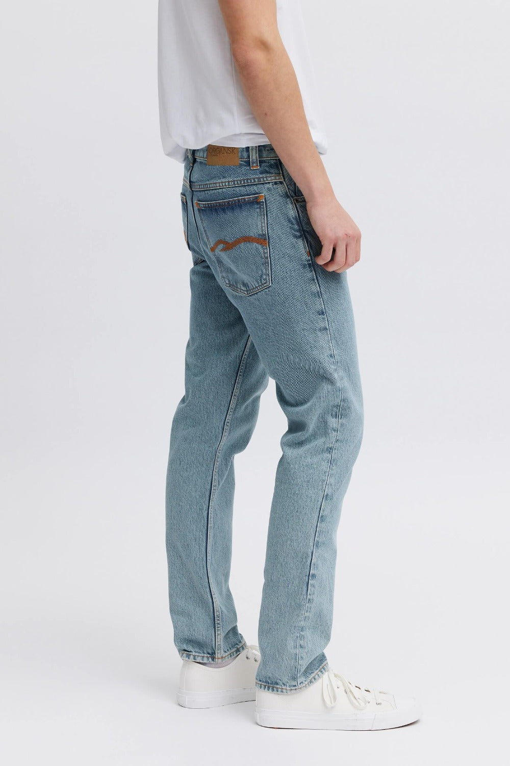 organic denim jeans with vegan patches