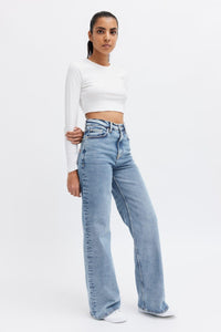 light blue flared jeans- ethical brand. circular fashion