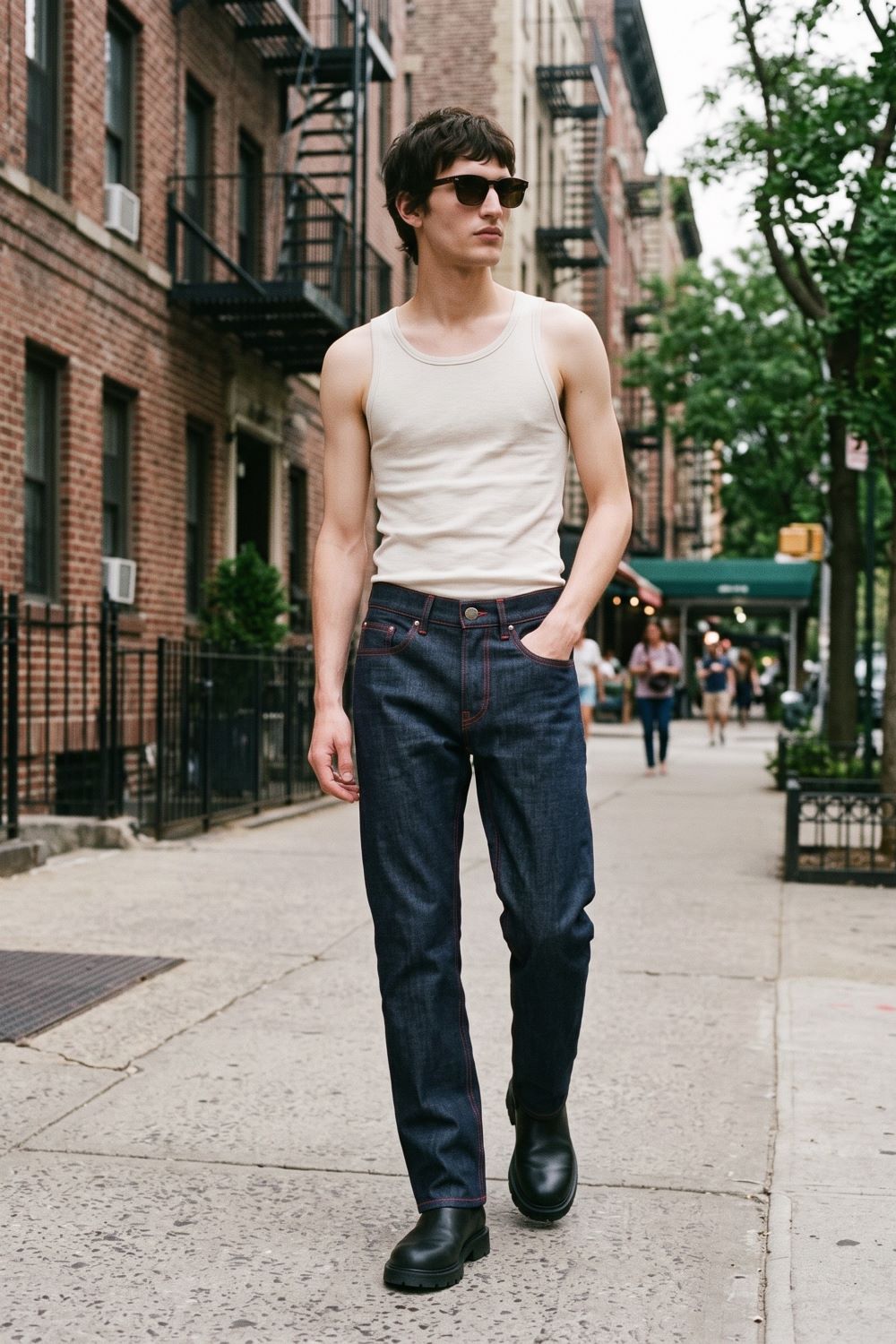 A man walking on a city sidewalk wearing a cream ribbed tank top, dark blue jeans, black boots, and sunglasses.