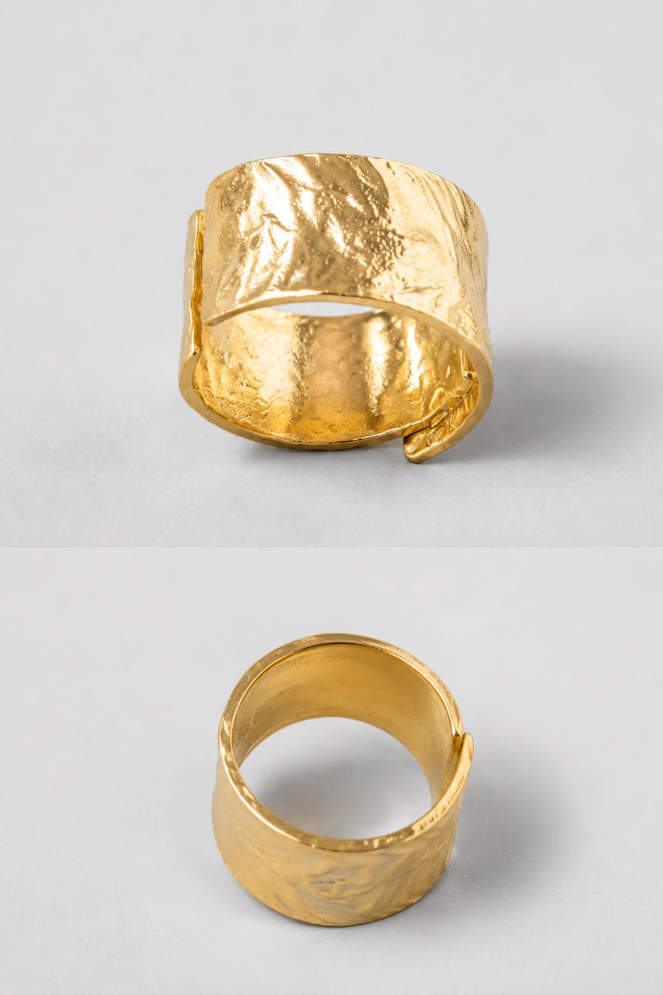 A wide, textured gold ring shown from two angles on a light gray background, with one view displaying the open clasp detail and the other showing the polished inner band.