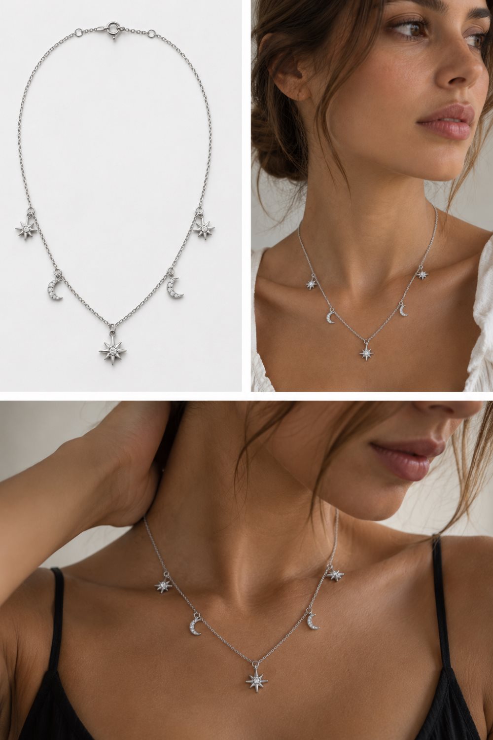 Silver celestial necklace with moon and star charms, shown on a model and as a flat product shot against a white background.