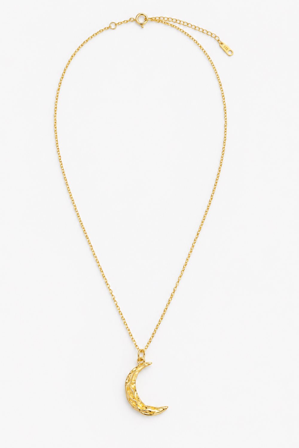 A gold chain necklace featuring a textured crescent moon pendant, displayed against a clean white background.