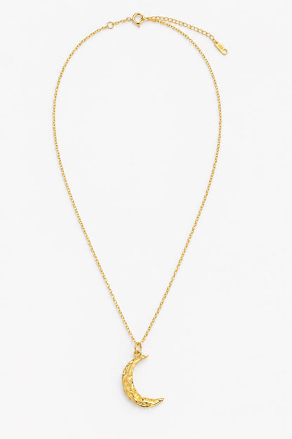 A gold chain necklace featuring a textured crescent moon pendant, displayed against a clean white background.