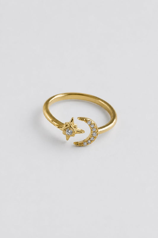 Celestial Crescent Moon & Star Ring