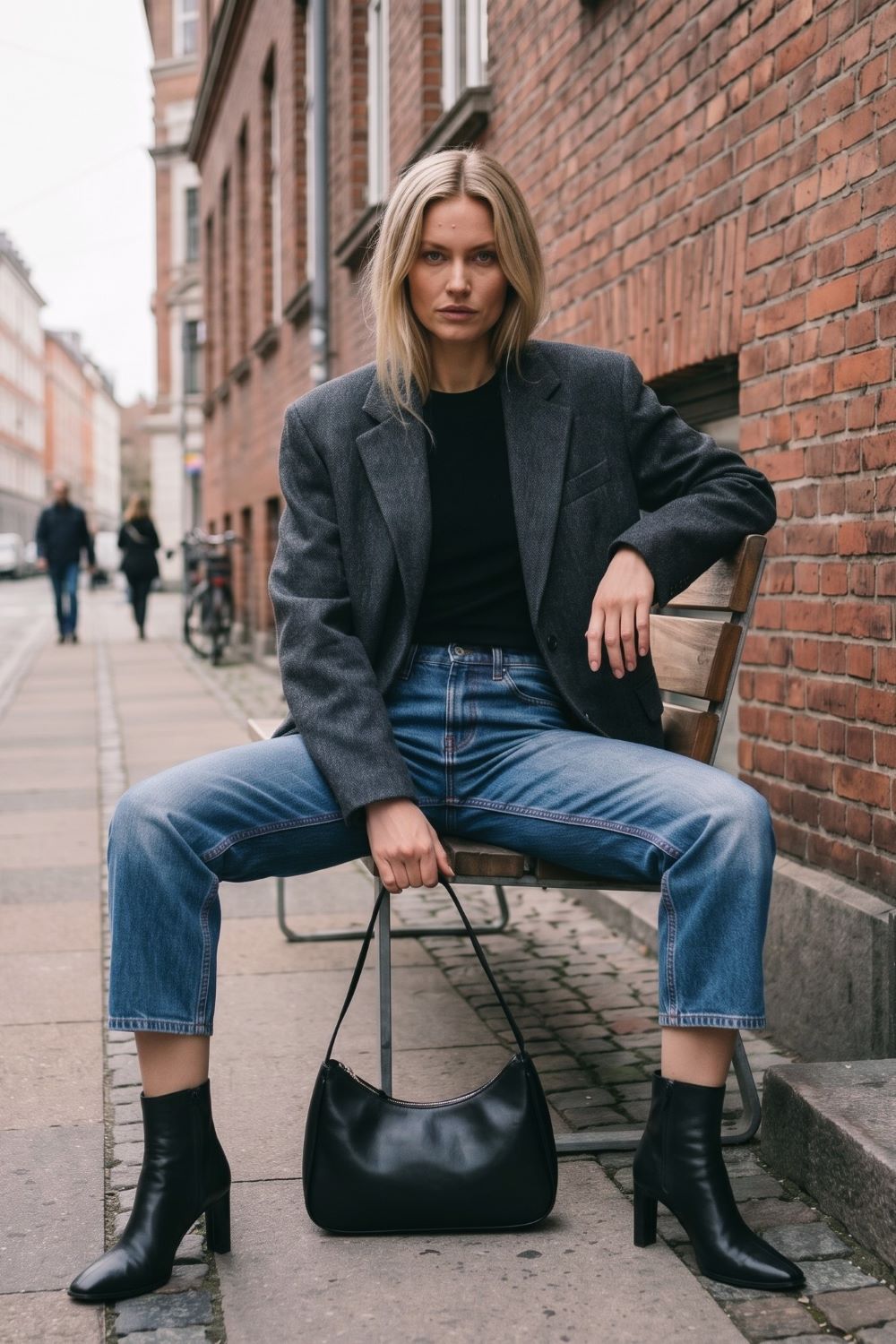 A woman sits on a bench in an outdoor urban setting, wearing an oversized dark gray blazer, black top, blue cropped jeans, black ankle boots, and holding a black handbag.