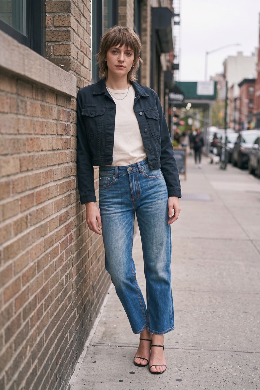 A woman stands on a city sidewalk wearing a dark denim jacket, a cream-colored top, and blue jeans, posing next to a brick wall.