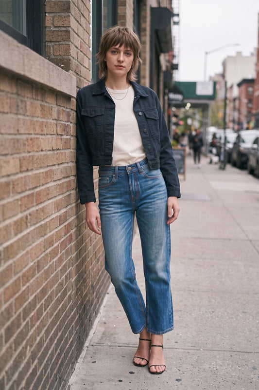 A woman stands on a city sidewalk wearing a dark denim jacket, a cream-colored top, and blue jeans, posing next to a brick wall.