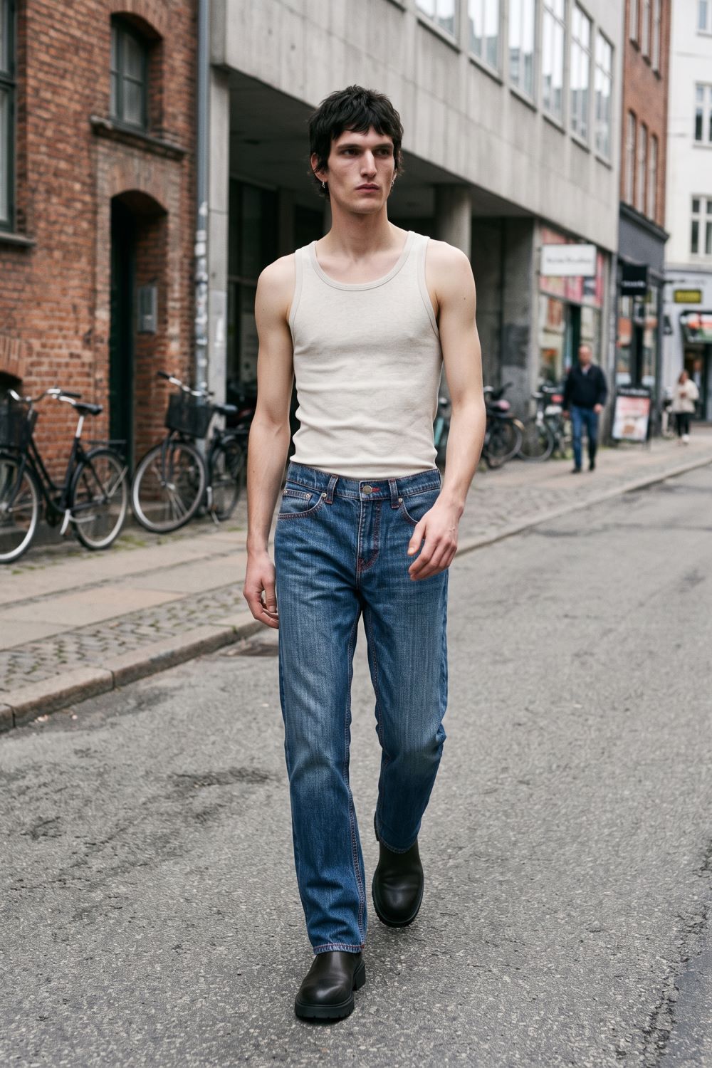 A man walking down a city street wearing a beige ribbed tank top, blue jeans, and black leather shoes.