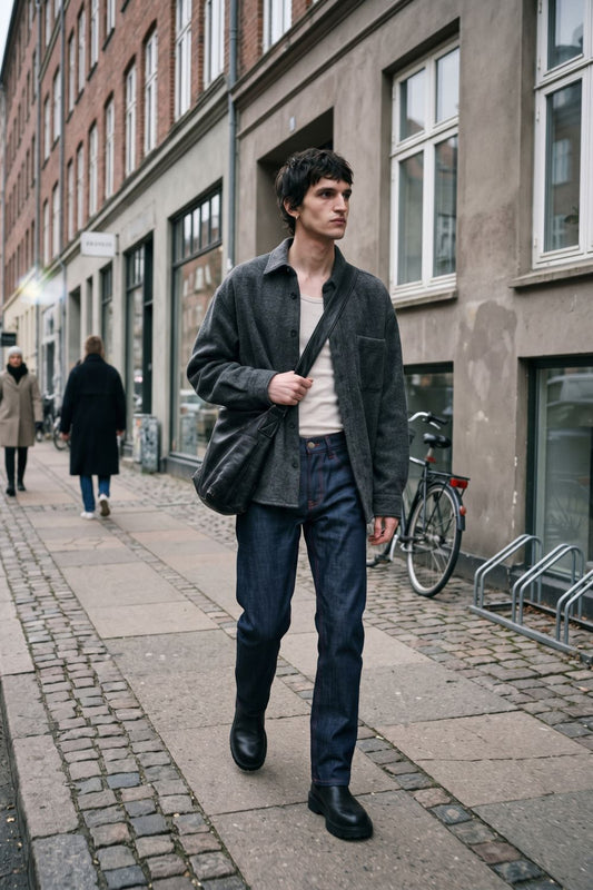 A man walking on a cobblestone city street wearing a dark charcoal overshirt, dark blue jeans, a cream t-shirt, and black boots, carrying a black shoulder bag.