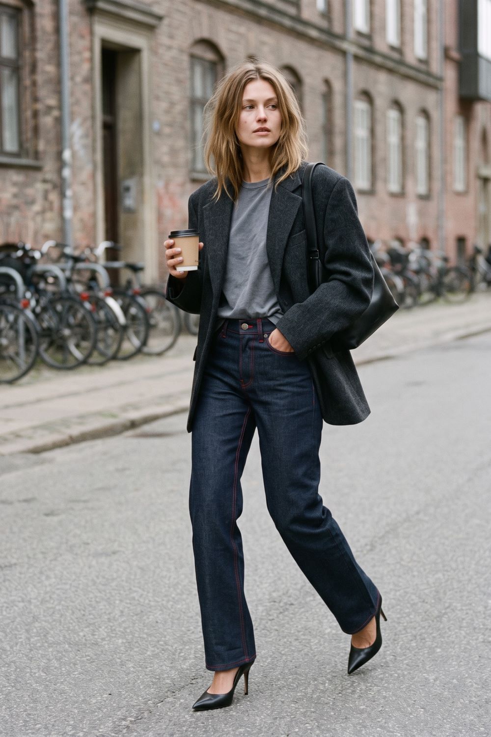 A woman walking on an urban street wearing a black blazer, dark gray t-shirt, dark blue straight-leg jeans, and black pointed-toe heels, holding a coffee cup.