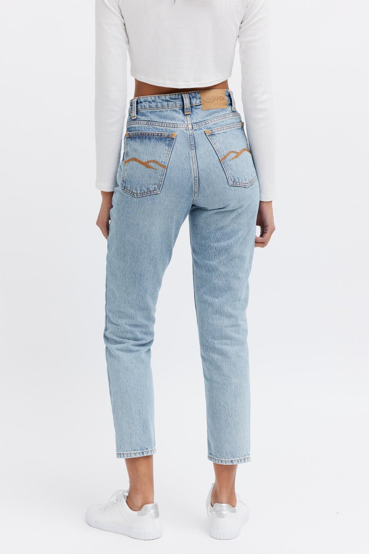 Light color organic denim jeans.