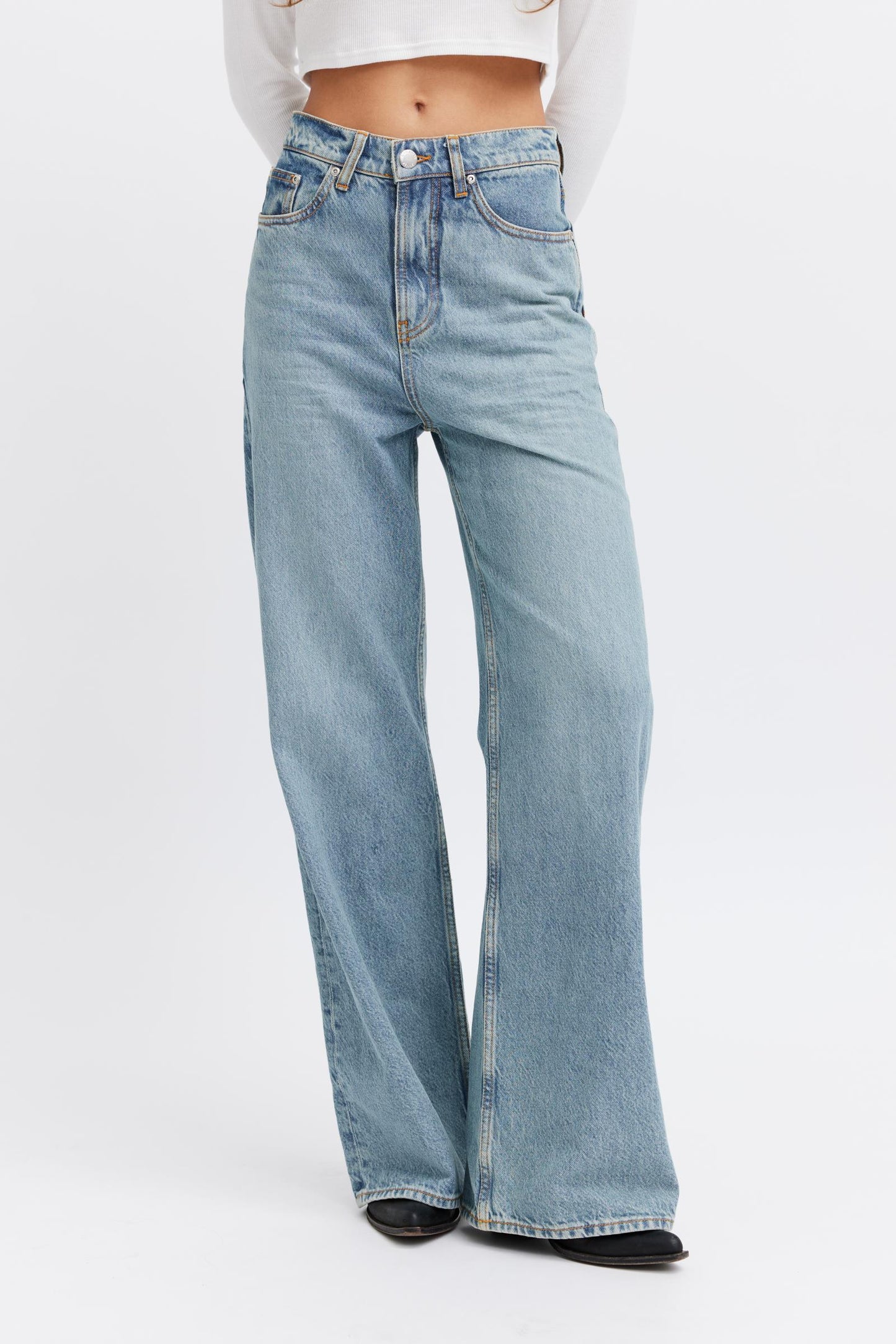 high rise, comfy style flared jeans. ethical brand 