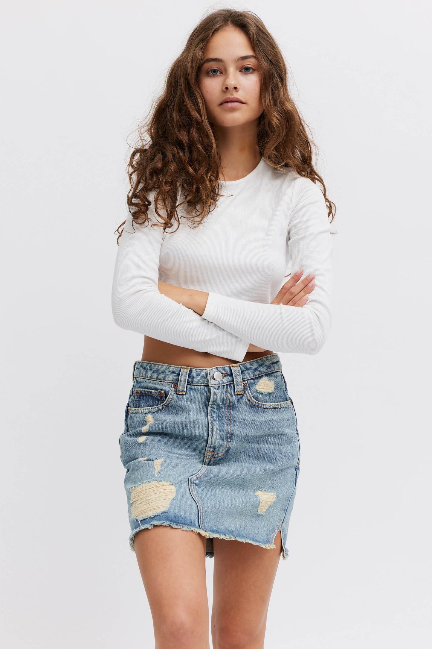 Trendy light blue denim skirt